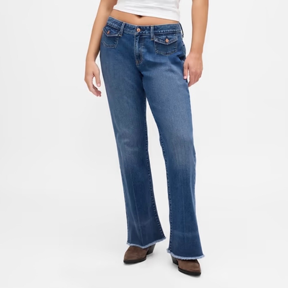 Gap Long & Lean Low Rise Bootcut Jeans Flap Pocket Size 32 14T Blue Stretch Boho